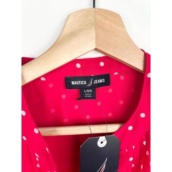 Nautica Jeans Red and White Polka Dot Pintuck Sleeve Pleated Blouse Size L - Picture 8 of 13
